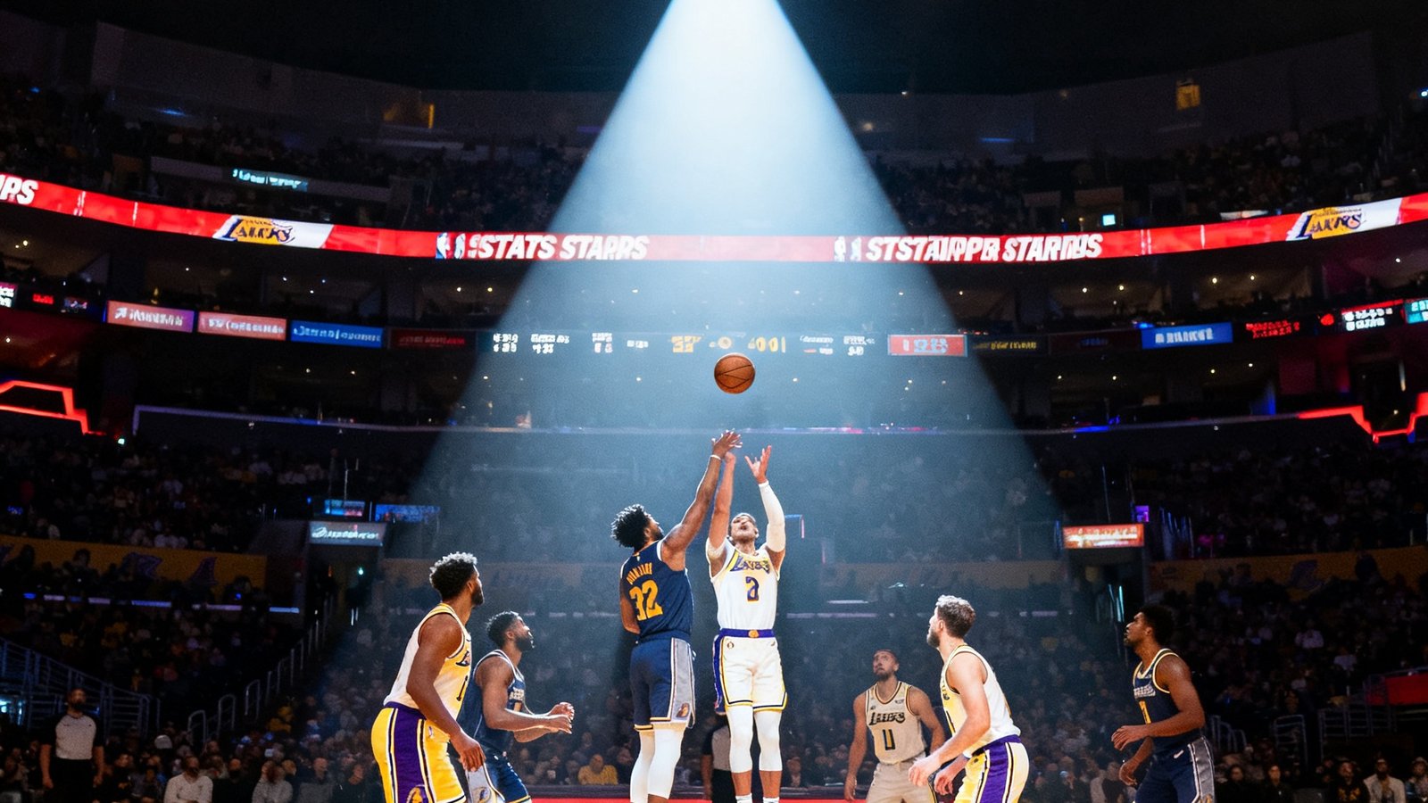NBA常规赛洛杉矶湖人主场斯台普斯中心内景，球员跳球开场，灯光聚焦球场中央，氛围震撼