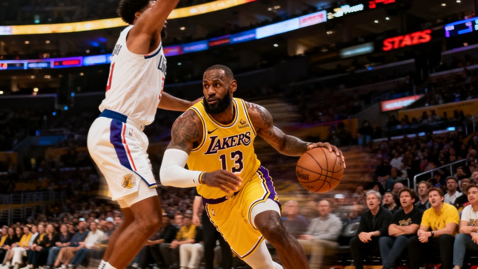 NBA湖人队詹姆斯突破上篮精彩瞬间，防守球员奋力封盖，斯台普斯中心灯光璀璨，观众屏息凝神